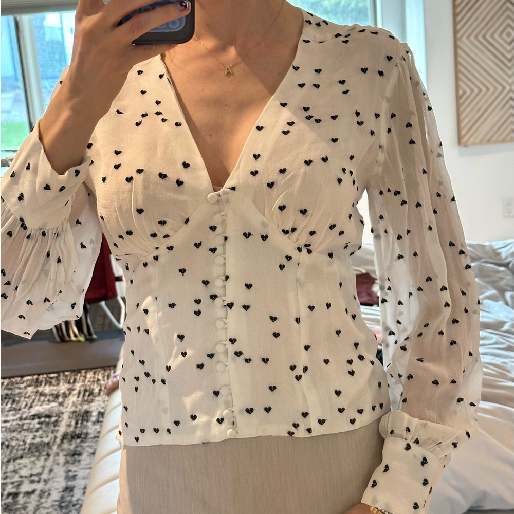 All Saints White Blouse with Black Heart Print